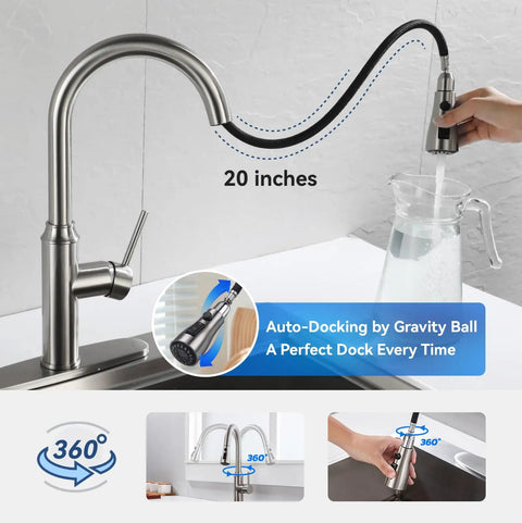 Top Shelf High Arc Pull Down Kitchen Faucet Delivering Three Quick Adjust Spray Patterns In Rust Resistant Brushed Nickel, showing 20-inch hose.