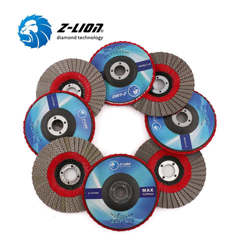 Set of 4 Inch Diamond Flap Discs arranged in a circle for fast material removal on ceramic, glass, granite, marble, plastic, and concrete.