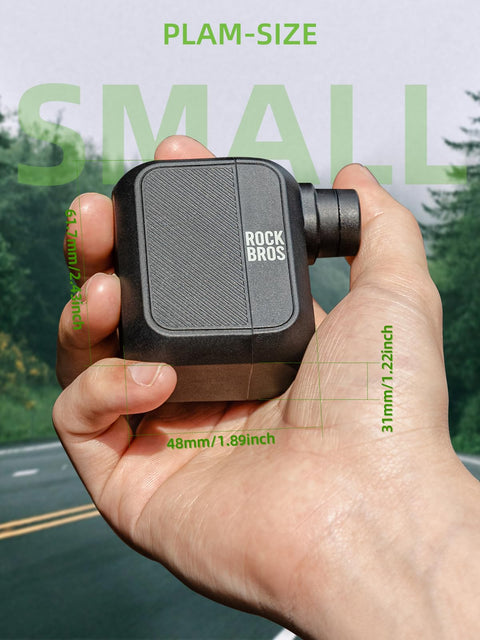 Hand holding a pocket sized mini bike pump with 100 PSI, ultra compact design, rechargeable and Presta Schrader valve compatible.