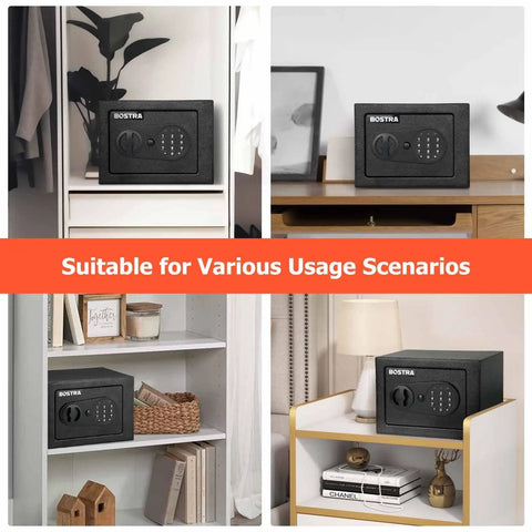Fireproof Safe Box With Sensor Light And Digital Keypad For Home Security, Compact 0.23 Cubic Foot Safe For Cash And Jewelry, Includes Fireproof Bag And Backup Keys Black shown in various home settings