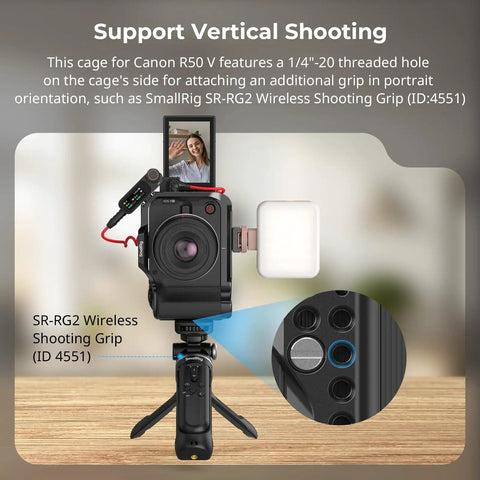 Camera Cage For Canon R50 V With Built In Ergonomic Silicone Grip Arca Quick Release Plate And Multiple Mounts shown