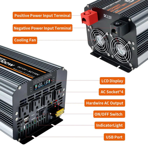 Heavy-Duty 5000W DC 12V To 110V Inverter For Off-Grid Camping And RV Use, 10000W Peak, LCD Display, wireless remote, four AC outlets, USB port