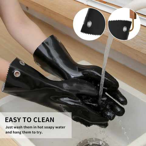 Person cleaning heat resistant BBQ gloves for grilling and cooking up to 220F under water in a sink, showcasing easy maintenance.