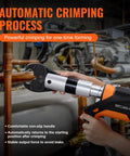 Tough As Nails 18V Cordless Electric Pipe Crimping Tool For One Half To Two Inch Copper Plumbing Connections With Brushless Motor and 360 Degree Rotating Jaw Set Compatible With Propress, showing automatic crimping process.