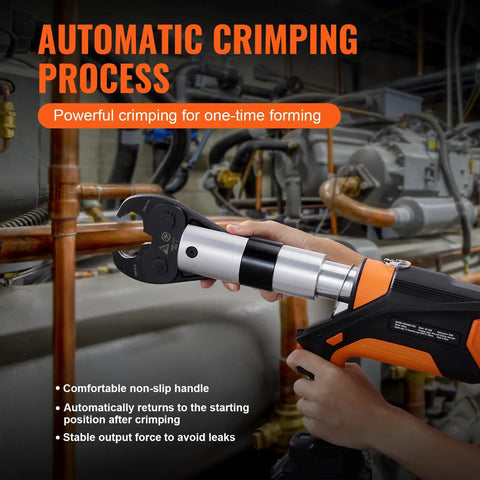 Tough As Nails 18V Cordless Electric Pipe Crimping Tool For One Half To Two Inch Copper Plumbing Connections With Brushless Motor and 360 Degree Rotating Jaw Set Compatible With Propress, showing automatic crimping process.