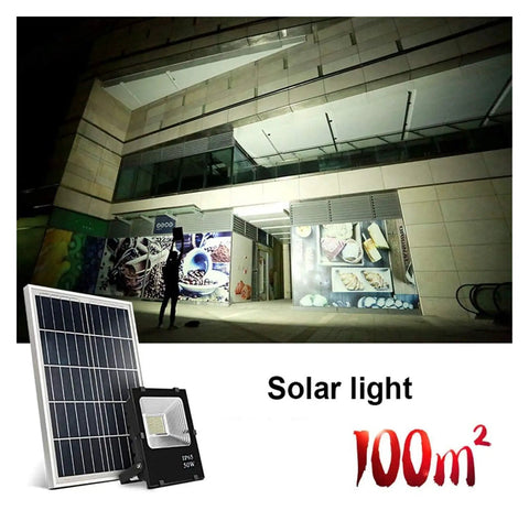 JUDYSSY Courtyard Light Led Solar Flood Light Outdoor illuminating a building facade at night with solar panel visible.