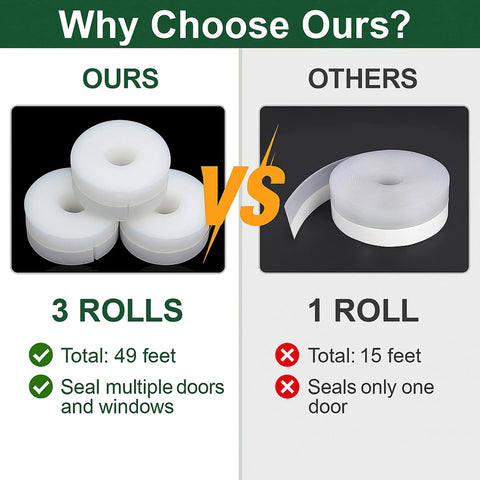 Front view of three white silicone weather-stripping door seal rolls, 49 ft total, 35 mm wide for doors and windows