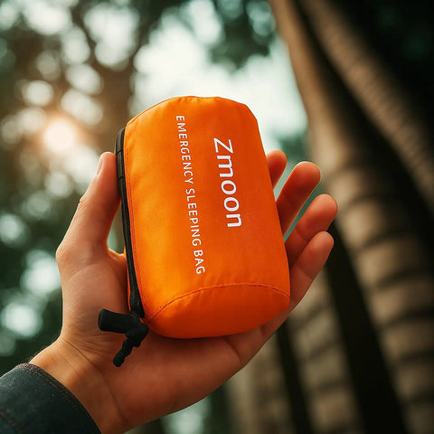 Hand holding a pack of Emergency Mylar Sleeping Bag Set For Camping Waterproof Thermal Bivy Sacks Bivvy Bags in bright orange.