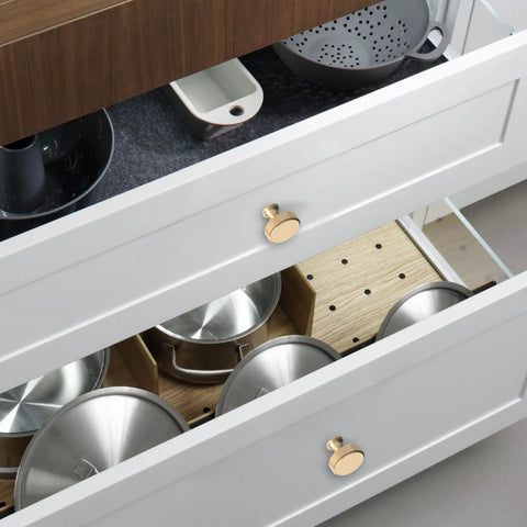 Matte Gold Knurled Cabinet Knobs Ten Pack For Dresser And Kitchen Cabinets, One And One Fifth Inch on white drawers