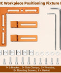 CNC Workpiece Positioning Fixture Kit includes L-bracket, side clamps, screws, and wrenches for precision setups.