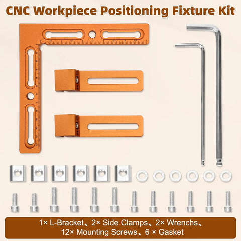 CNC Workpiece Positioning Fixture Kit includes L-bracket, side clamps, screws, and wrenches for precision setups.