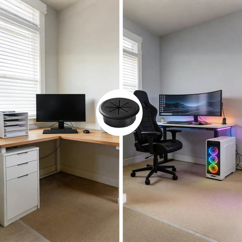 Premium Black Desk Grommets 2 Inch 10 Pack With Cable Management Kit in stylish desk setups for organized wiring.
