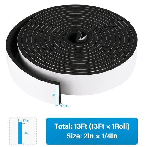 Heavy Duty CR Foam Weather Stripping Tape 2 Inch By 1/4 Inch X 13 Feet Roll showing rolled black neoprene foam tape.