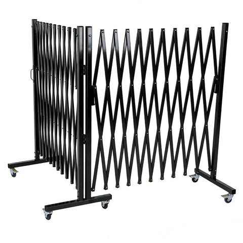 Beefy Pro Heavy Duty Expandable Steel Safety Gate With Smooth Glide Casters Mobile Scissor Safety Barrier for Construction Zone Lockdown, black scissor design.
