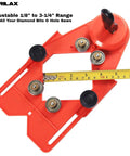 Adjustable Diamond Drill Guide with Suction Base for 1/8 to 3-1/4 Inch Hole Saws in red with black knobs, measuring tape shown.