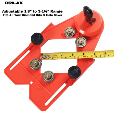 Adjustable Diamond Drill Guide with Suction Base for 1/8 to 3-1/4 Inch Hole Saws in red with black knobs, measuring tape shown.