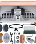 No Nonsense Beast Mode Heavy Duty Jewelry Polisher With Digital Speed Screen Variable Control Built In Dust Extractor Dual Cooling Blowers Bright Work Lamp And Clear Safety Shield and accessories including polishing wheels and goggles.