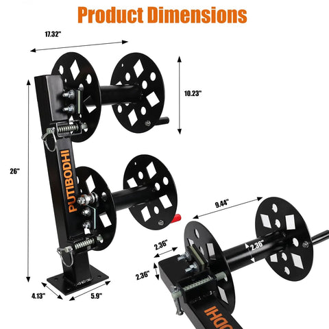 Beefy Heavy Duty Dual Welding Cable Reel With 10 Degree Tilting Base, dimensions, all steel construction, industrial use.