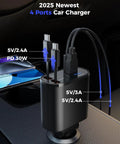 Retractable 4 In 1 USB C Car Charger With Dual Cables 69W Fast Charging in-car with voltage display, black, 4 ports visible