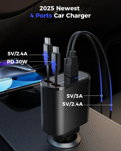 Retractable 4 In 1 USB C Car Charger With Dual Cables 69W Fast Charging in-car with voltage display, black, 4 ports visible