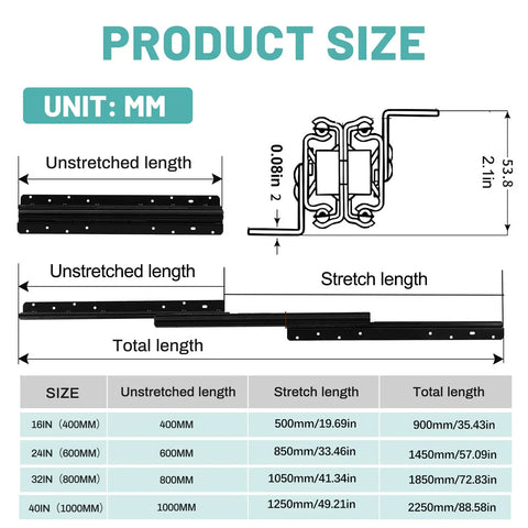 Product size guide for Beefy Heavy Duty Undermount Drawer Slides 16 Inch Full Extension Bottom Mounted Hidden Rails 260lb Metal Tracks