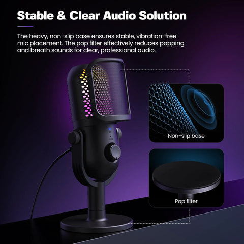 PC Gaming USB Condenser Microphone With RGB Lighting Stand Mic showing non-slip base and pop filter details on desk