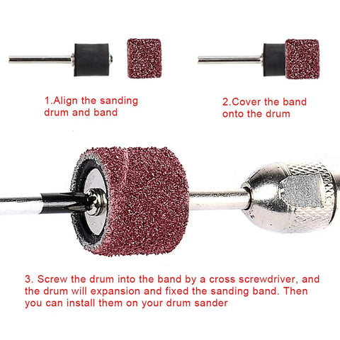 Assembly steps for Aluminum Oxide Sanding Drum Set Kit With Free Box 132 Piece Pack Including 120 Sanding Sleeves and 12 Shank Drums