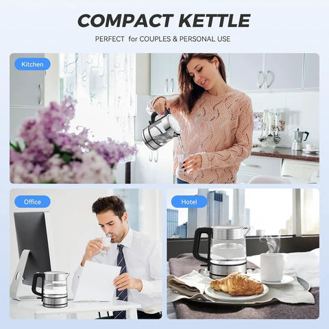 Image of Electric Glass Kettle 1L, Fast 1500W Boil, Cordless Tea Kettle With LED Indicator in use at home, office, and hotel.