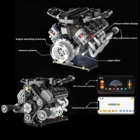 8 Cylinder Visible Engine Kit With App Controls showing piston motion, exhaust system, and app interface on black background.