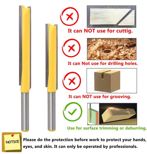 Heavy Duty Straight Router Bits For Fast Wood Trimming Double Flute Solid Steel Quarter Inch Shank with usage instructions.