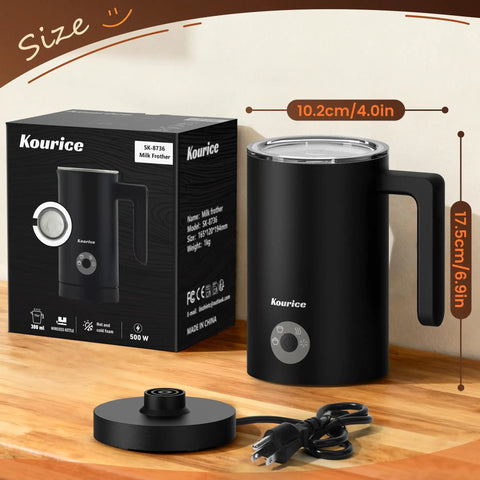 4-In-1 Electric Milk Frother And Steamer For Home Barista Vibes With Hot Dense Foam And Cold Foam Makes Lattes Cappuccinos And Iced Coffee Quiet One-Touch Operation Easy To Clean, black color, shown with packaging and base
