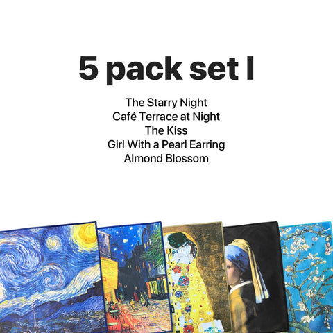 Front view of a 5-pack microfiber cleaning cloths set with classic art prints
