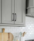 Kitchen with gray cabinets and 30 Pack 5 Inch Hole Center Kitchen Cabinet Handles Curved Black Zinc Alloy Drawer Pulls installed