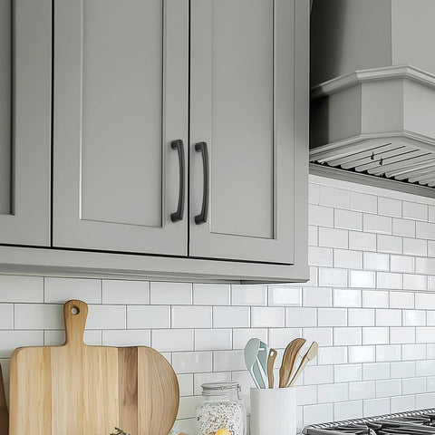 Kitchen with gray cabinets and 30 Pack 5 Inch Hole Center Kitchen Cabinet Handles Curved Black Zinc Alloy Drawer Pulls installed