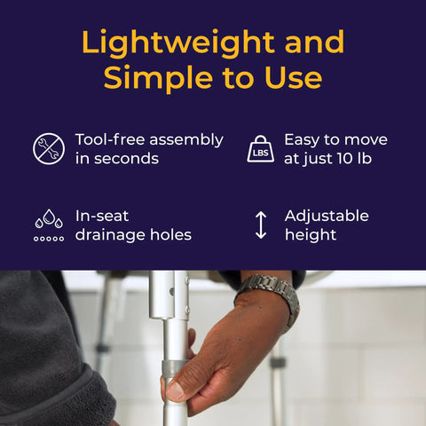 Adjusting height on Shower Chair With Back And Padded Arms, lightweight aluminum, easy assembly, adjustable height, non-slip feet.