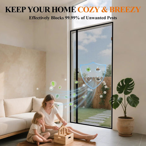 Magnetic Screen Door For 32 By 80 Inch Openings, Reversible Left Or Right Install, with easy magnetic closure, in a modern living room.