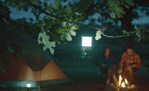 Siege AA 200-Lumen Lantern With White And Red LEDs for camping and emergencies hanging from tree branch near tent at night