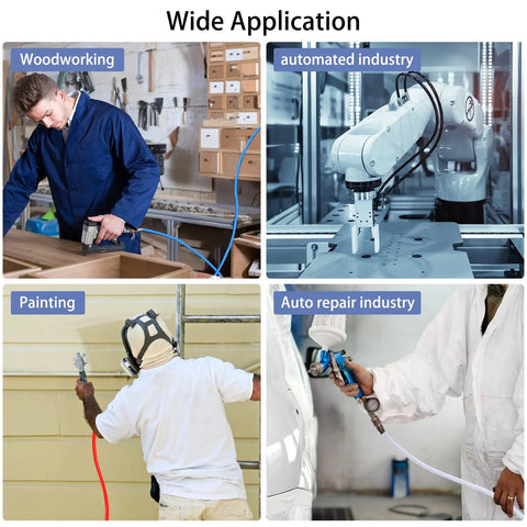 People using Blue PU Air Hose For Air Compressors in woodworking, automated industry, painting, and auto repair industry applications.