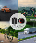 Image showing a car, motorcycle, bicycle, and truck with Upgraded Tire Valve Stem Caps With Sealing Ring For Car, Motorcycle, Trucks, Bicycle Universal Fit, Dustproof, Waterproof, Prevent Air Leakage On Long Drives, Durable Plastic Caps, 60 Pack.