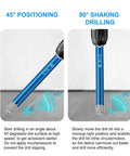 Blue 10-piece dry diamond drill bits set, 1/4 in (6 mm) diameter, shown in 45° angled and 90° vertical drilling views.