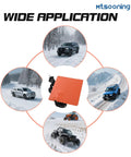 2Pcs Silicone Engine Block Heater Pad, 4X5 Inch, 150W 120V shown with vehicles in snowy conditions demonstrating wide application.