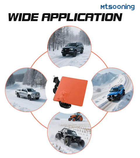 2Pcs Silicone Engine Block Heater Pad, 4X5 Inch, 150W 120V shown with vehicles in snowy conditions demonstrating wide application.