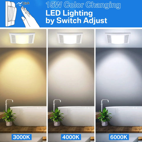 Ultra Quiet Bathroom Exhaust Fan With 15W LED Light, 1.0 Sones, 110 CFM Ventilation, color temperature settings above bathtub.