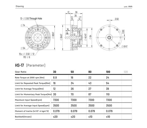 Technical drawing of Harmonic Drive Reducer Strain Wave Gearbox HS17IV for Servo Motors with measurements and specifications.