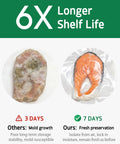 Comparison of moldy and preserved food, showing 6X longer shelf life with 100 Count Gallon Vacuum Sealer Bags 11 X 16 Inches Precut Heavy Duty BPA Free For Quick Storage Meal Prep Sous Vide Commercial Grade Food Storage And Works With All Vacuum Sealers.
