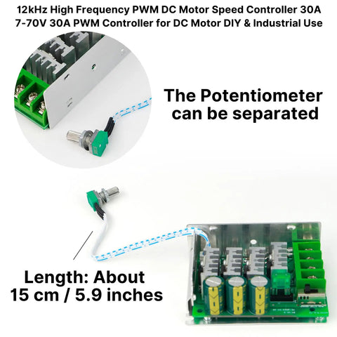 Heavy Duty 7 To 70 Volt 30 Amp Pwm Dc Motor Speed Controller For Brushed Motors Stepless Variable Regulator with detachable potentiometer.