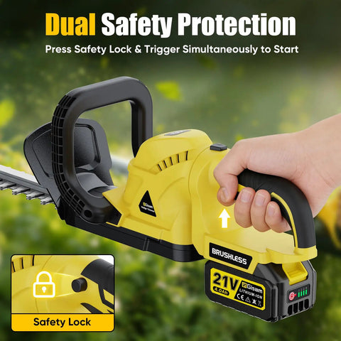 22 Inch Cordless Hedge Trimmer With Dual Action SK5 Blades And 2x4.0Ah Batteries And Charger Included shown in use with safety lock
