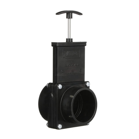 Valterra ABS gate valve for RV, 3-inch hub x spigot connection, black plastic body with T-handle