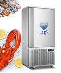 Heavy Duty Commercial Kitchen Workhorse Blast Chiller And Freezer Featuring 15 Stainless Steel Trays 220 Volt Motor And Digital Probe For Smokin Fast Flash Cooling Restaurant Ready with lobster and seafood.
