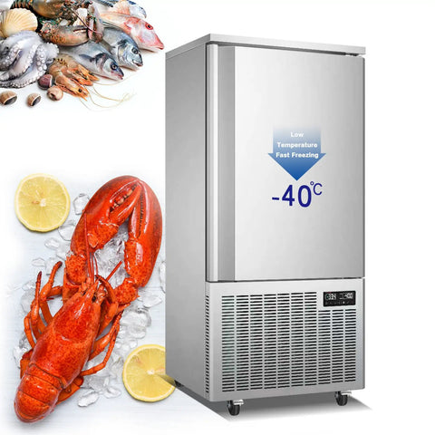 Heavy Duty Commercial Kitchen Workhorse Blast Chiller And Freezer Featuring 15 Stainless Steel Trays 220 Volt Motor And Digital Probe For Smokin Fast Flash Cooling Restaurant Ready with lobster and seafood.
